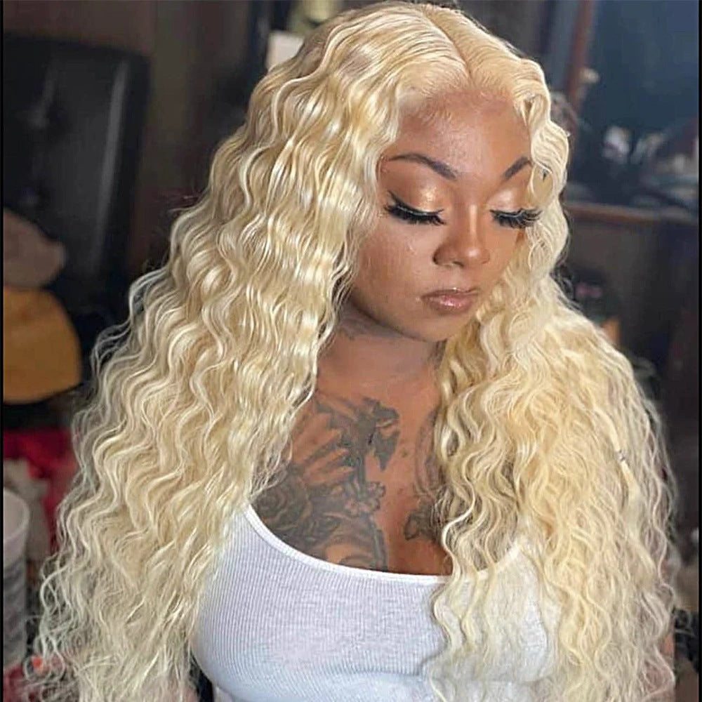 A270  Blonde Kinky Curly Lace Front Long Wig, Middle Part Afro Explosion Hairstyle Natural Synthetic Wig