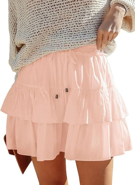 A370  Ladies Flowy Tiered Ruffle Mini Skirt High Waist Tie Waist Bohemian Skirt For Outdoor Vacation