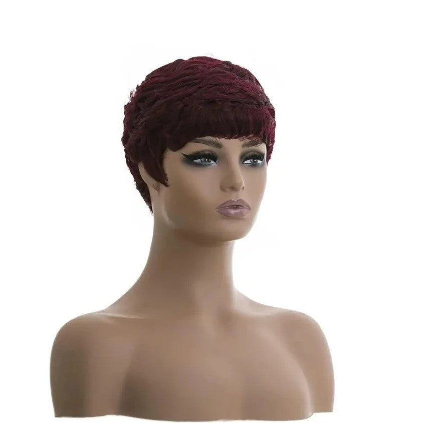 A232  Women Wine Red Short Curly Wig with Side Bangs, New Rose Net Synthetic Fashion Wig