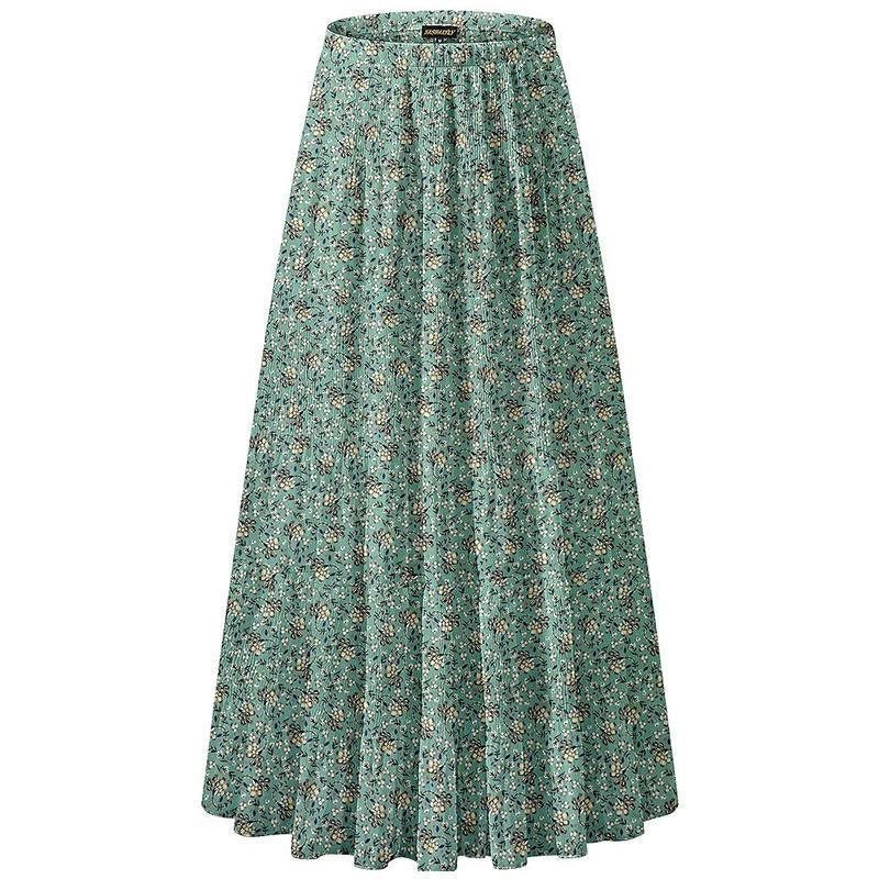 Women Floral Print Chiffon Maxi Skirt, Elastic High Waist Pleated A-Line Flared Long Skirt