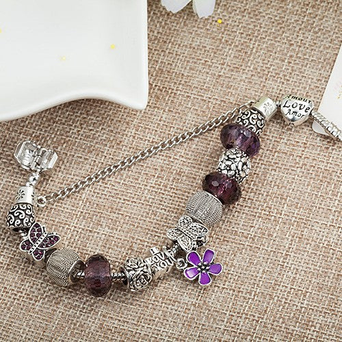 Anti-Tarnish Silver Charm Bracelet with Butterfly & LOVE Beads, Purple Crystal Beaded Bracelet for Women, Trendy Friendship Gift