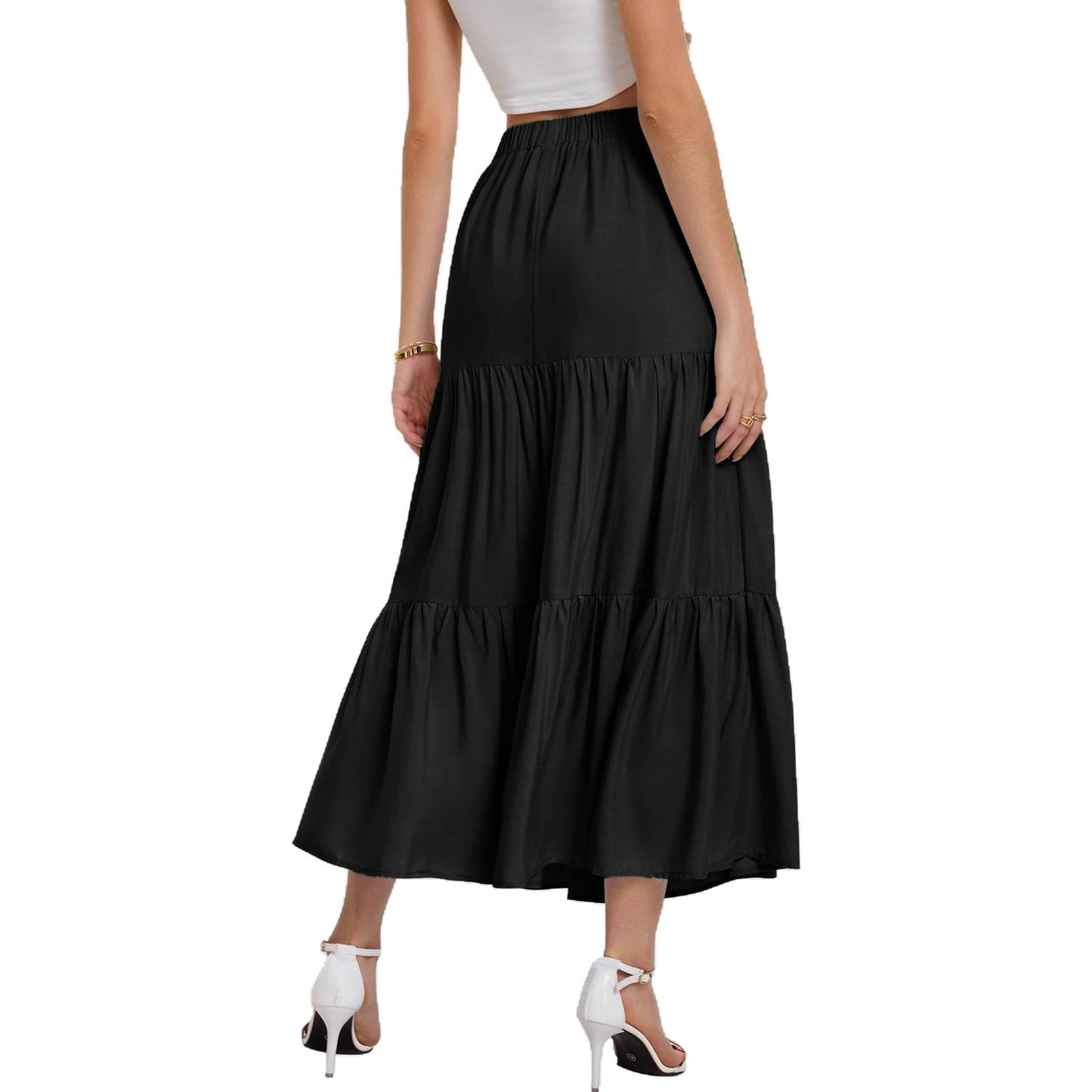 A367  Women's Summer Bohemian Pleated A-Line Flowy Layered Skirt with Pockets