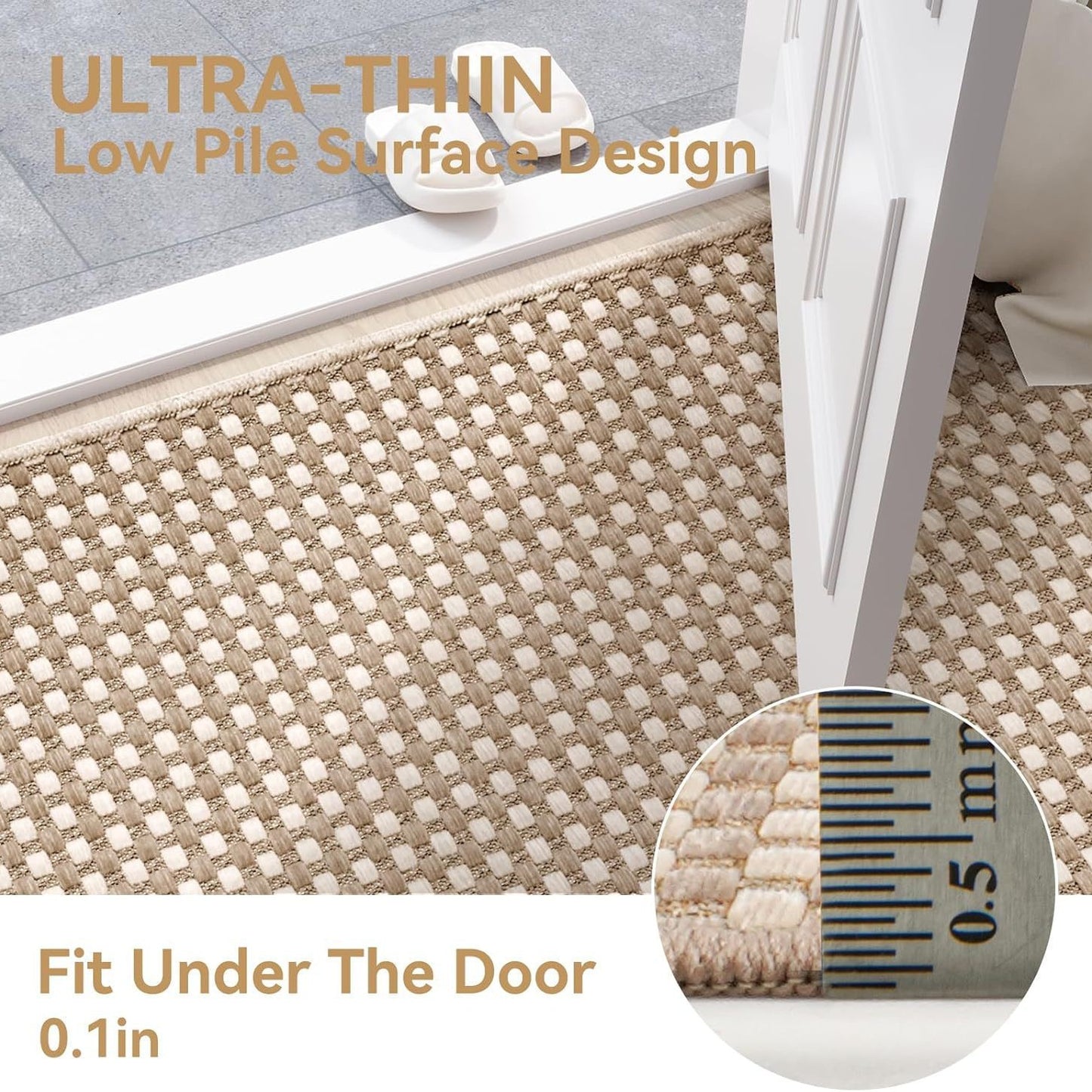 Indoor Door Mat Small Area Rugs Washable Front Door Mat Non Slip Rubber Backed Entryway Rug Cotton Entrance Doormat for Front Porch Bathroom Kitchen Bedroom, Ivory/Khaki