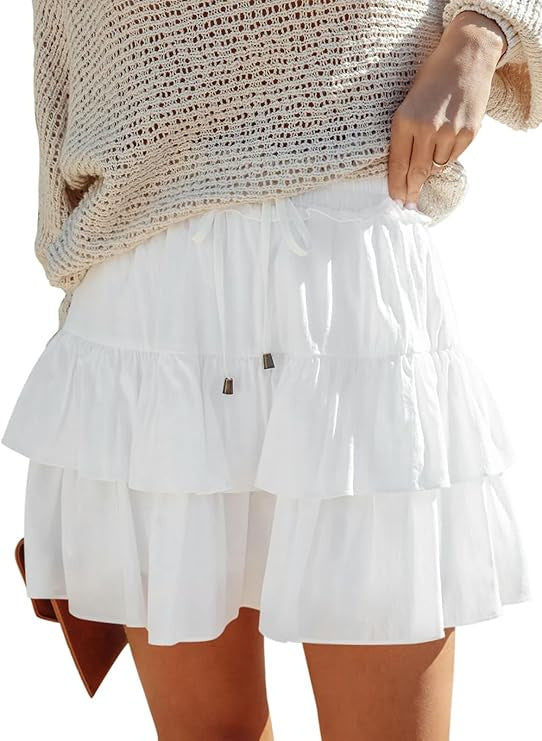 A370  Ladies Flowy Tiered Ruffle Mini Skirt High Waist Tie Waist Bohemian Skirt For Outdoor Vacation