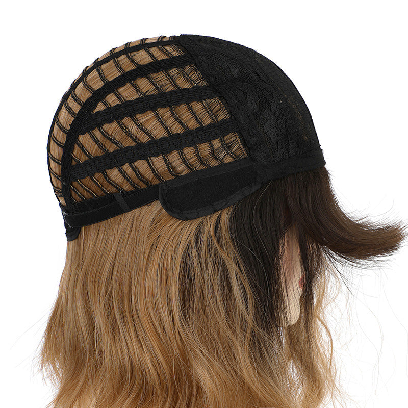 Black Brown Shoulder Wavy Bob Wig with Bangs