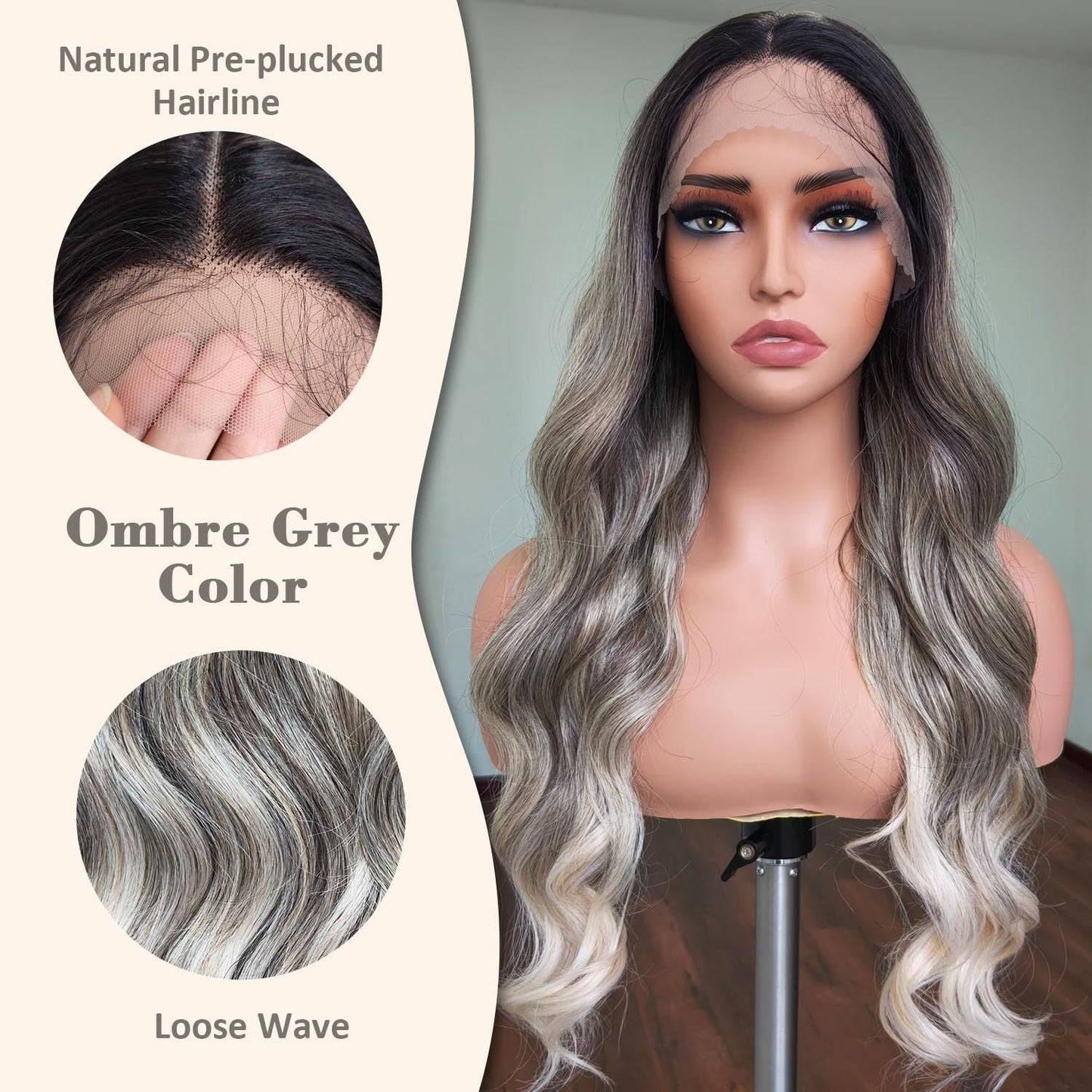 A224  New 13x4 Lace Front Body Wave Wig, Smoky Grey Ombre Natural Realistic Wig for Women