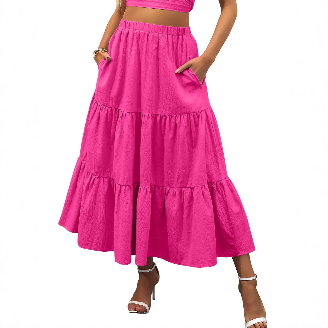 A367  Women's Summer Bohemian Pleated A-Line Flowy Layered Skirt with Pockets
