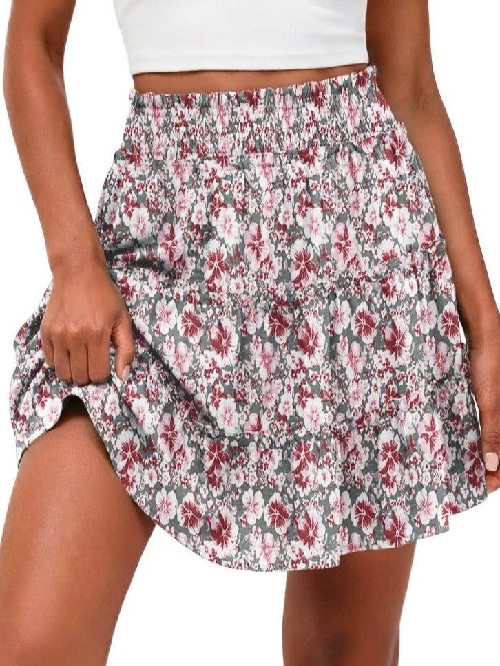 A368  Bohemian Tiered Ruffle Skirt For Women Elastic High Waist Flowy Swing Maxi Skirt Casual Vacation Wear