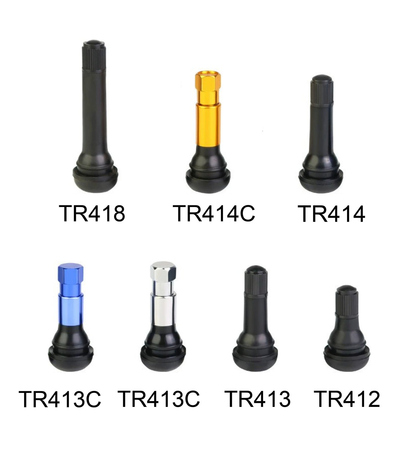 A311  TR413/TR414 Tubeless Tire Valve Stems, Black Rubber & Alloy Valve Caps Universal Tire Valves