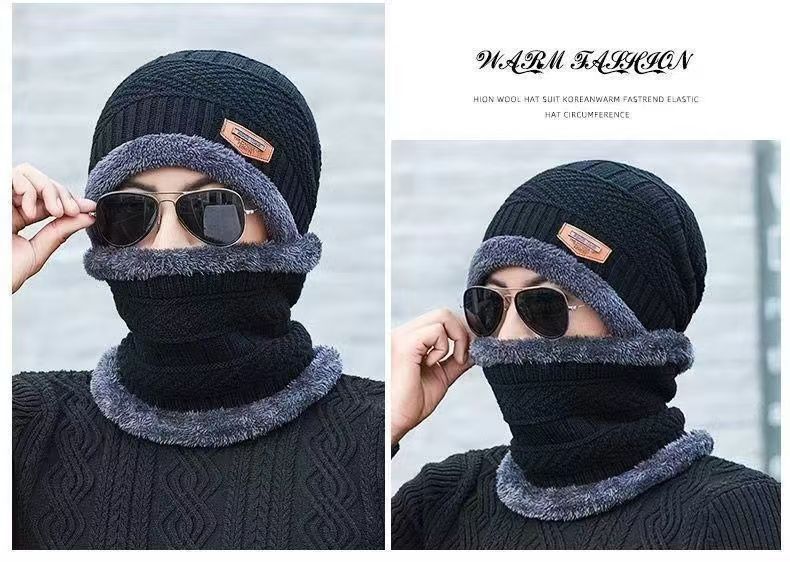 A290  Winter Hat Set with Ear Flaps and Fleece Lining Thickened Knit Hat and Scarf Two-Piece Set Autumn/Winter Wool Hat