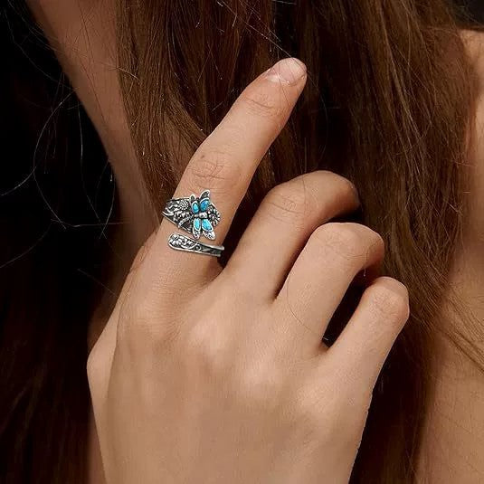 A359  New Bohemian Turquoise Dragonfly Sunflower Ring Vintage Western Style Adjustable Wrap Band Women Gift Jewelry