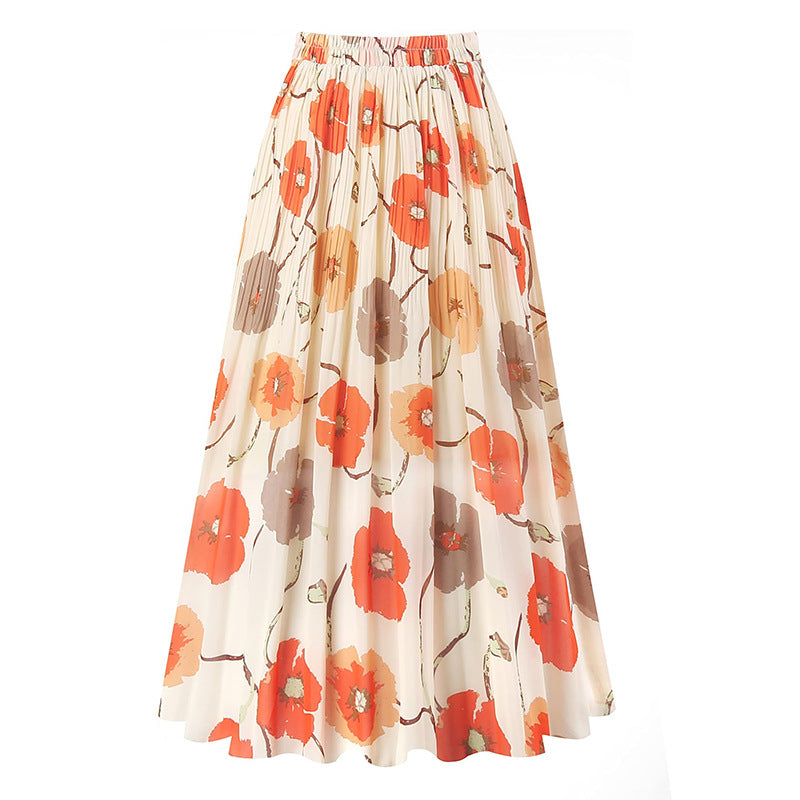 A369   Fashion Printed Chiffon Midi Skirt Women Elastic Waist Pleated Swing Skirt Elegant Lady Casual Wear