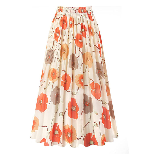 A369   Fashion Printed Chiffon Midi Skirt Women Elastic Waist Pleated Swing Skirt Elegant Lady Casual Wear