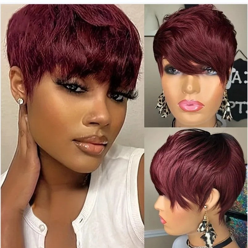 A232  Women Wine Red Short Curly Wig with Side Bangs, New Rose Net Synthetic Fashion Wig