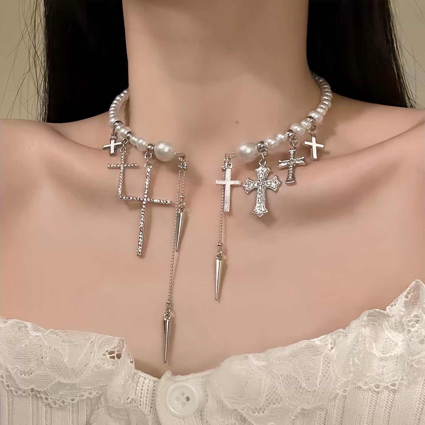 A286  Sweet Cool Pearl Cross Clavicle Necklace, French Luxury All-Match Choker for Women