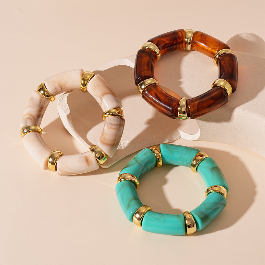 A203   Vintage Tie-Dye Geometric Acrylic Bracelet, Bamboo Stretch Design Unique High-Grade Jewelry for Women