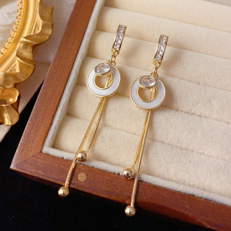 Fashion Statement Shell Circle Drop Earrings, Light Luxury Long Tassel Slimming Elegant Earrings