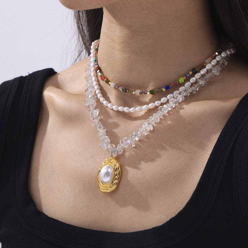 Light Luxury French Shell Bead Round Pendant Necklace, Crystal Beaded Design Titanium Steel Jewelry, Elegant All-match Clavicle Chain