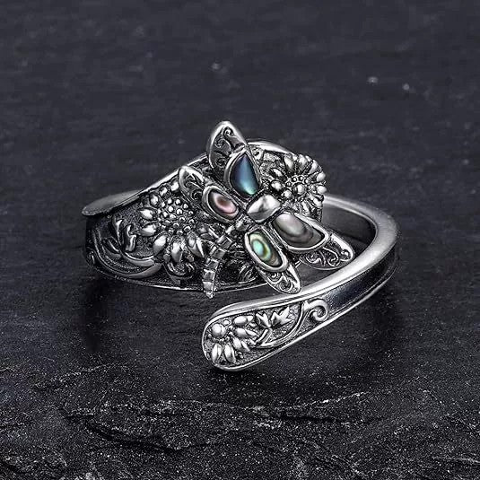 A359  New Bohemian Turquoise Dragonfly Sunflower Ring Vintage Western Style Adjustable Wrap Band Women Gift Jewelry