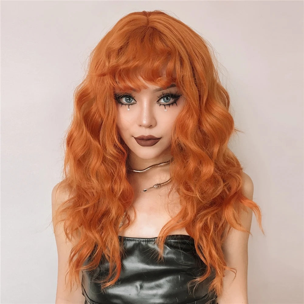 A219   New Orange Long Curly Cosplay Wig with Bangs, Rose Net Realistic Wig