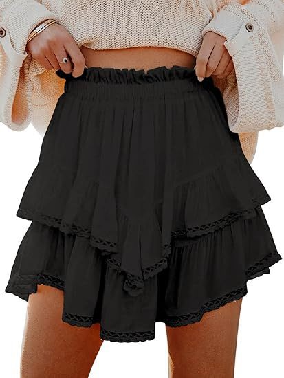 A360  Women Flowy Casual Boho Shorts High Waist Mini Skirt Ruffled Layered Hem Crochet Skort For Golf Tennis Sports