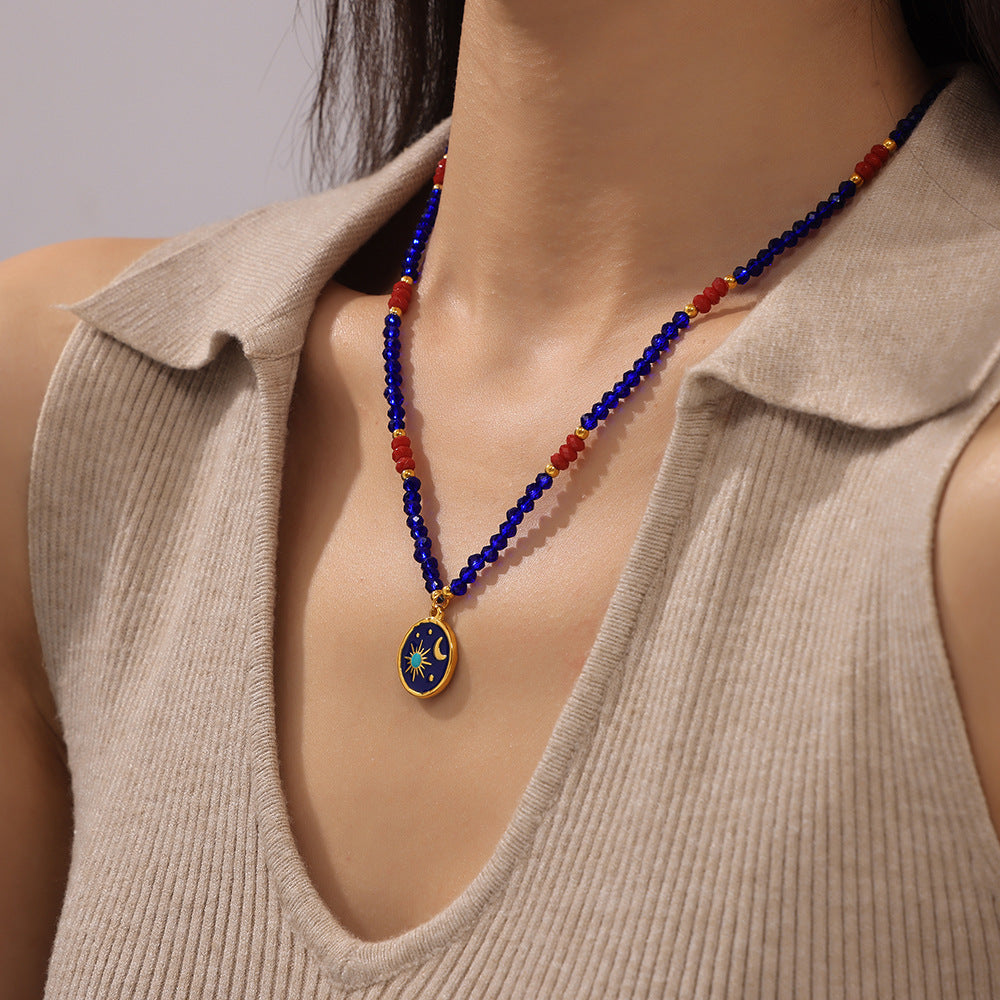 Starry Sky Glazed Titanium Steel Pendant Necklace, Blue Red Crystal Handmade Woven Unique Design Jewelry for Women