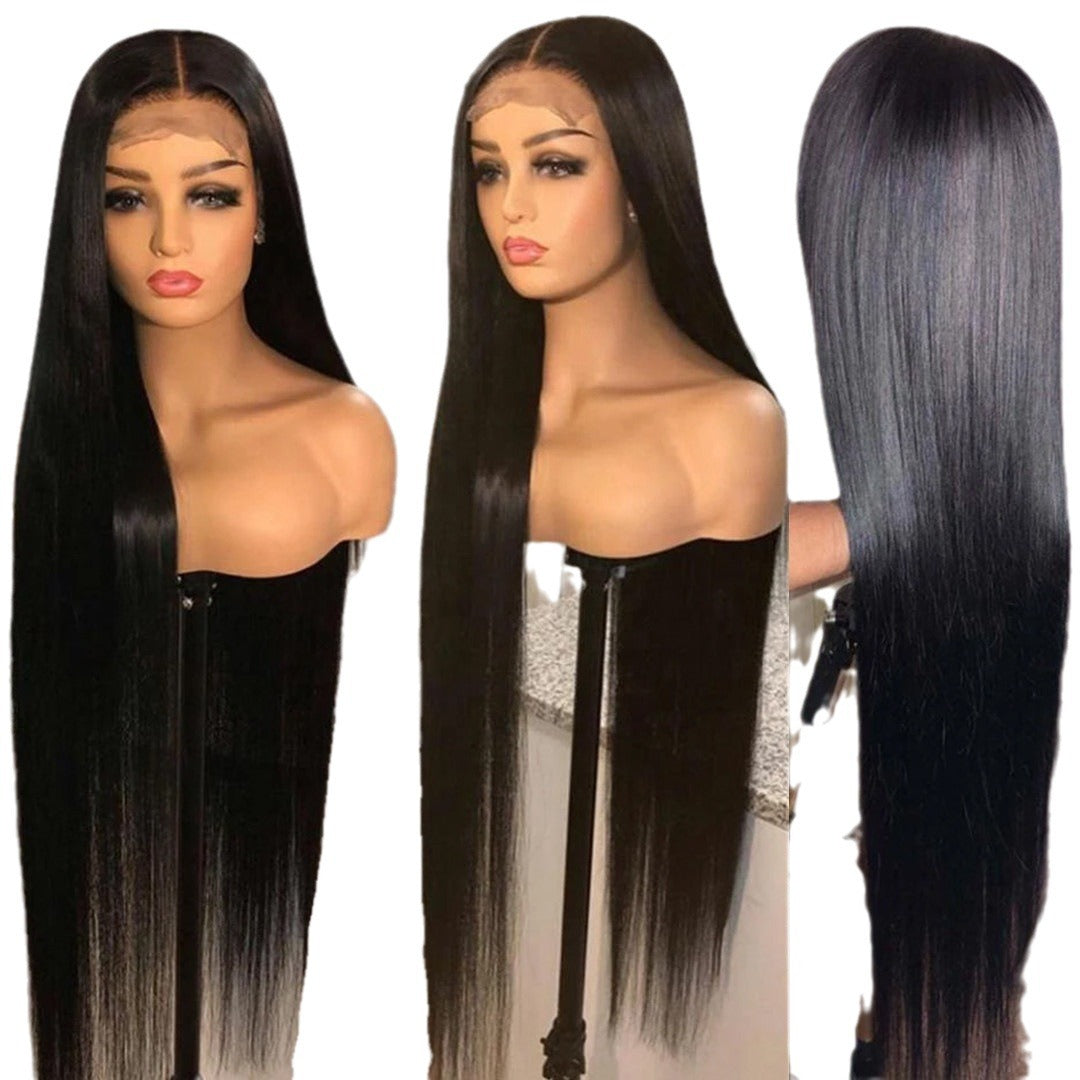 A185  Women Natural Black Middle Part Long Straight Wig with Bangs Fashion Hairpiece