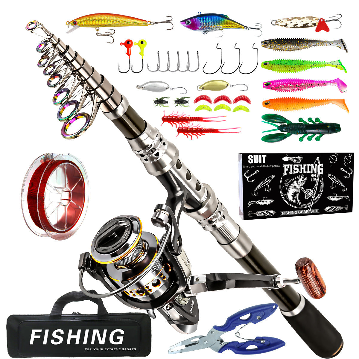 F349  Carbon Fiber Telescopic Fishing Rod and Reel Combo Portable Travel Fishing Kit for Saltwater Freshwater