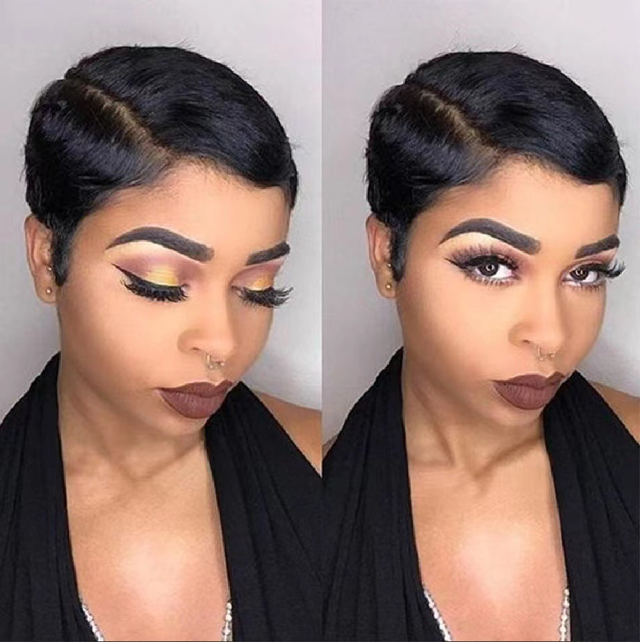 Side Part Synthetic Short Pixie Wig Rose Mesh Heat Resistant Wig for Black Women Daily Work