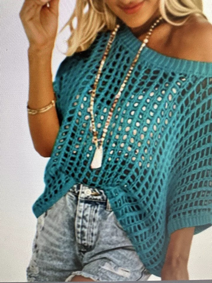 Women Hollow Out Knit Cover Up Top, Half Sleeve Mesh Beach Sweater, Off Shoulder Sheer Swim Cover Blouse