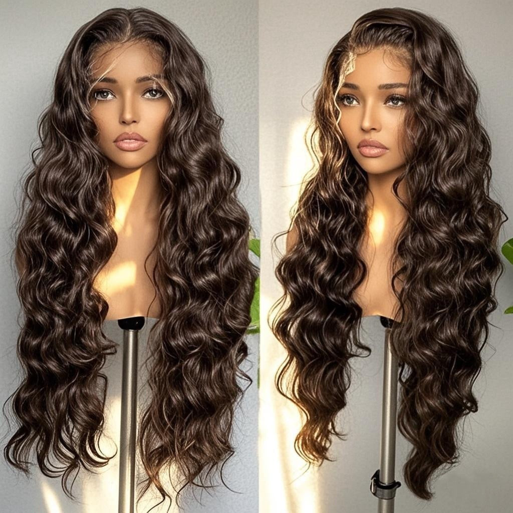 Lace Front Long Water Wave Wig, Natural Black & Brown Highlight Loose Curly Wig for Black Women