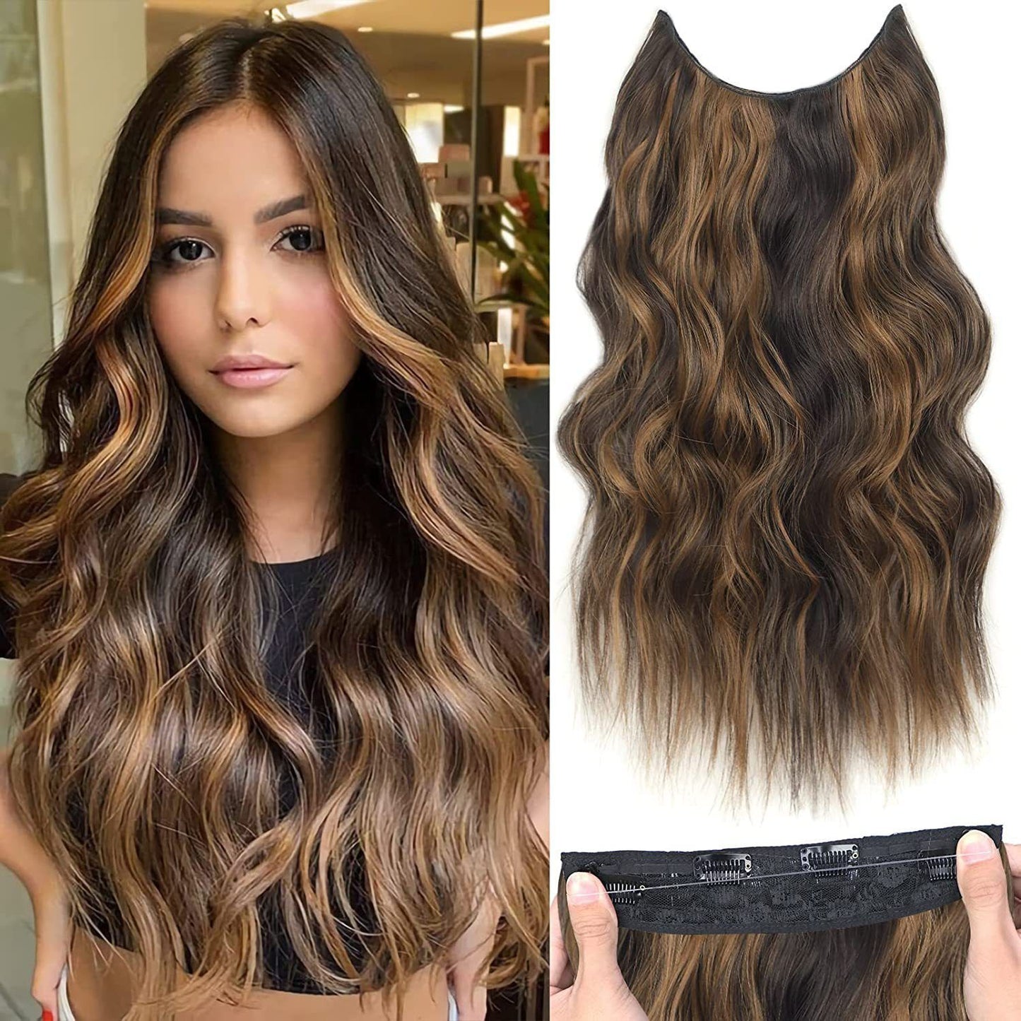 A237  Ombre Body Wave Long Curly Fish Line Hair Extensions, One-Piece Natural Invisible Adjustable Hairpiece