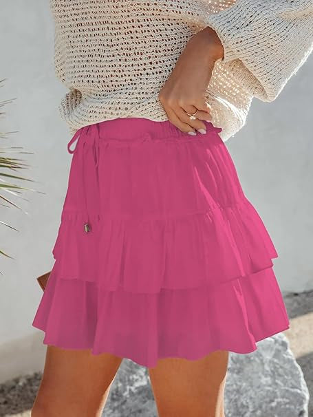 A370  Ladies Flowy Tiered Ruffle Mini Skirt High Waist Tie Waist Bohemian Skirt For Outdoor Vacation