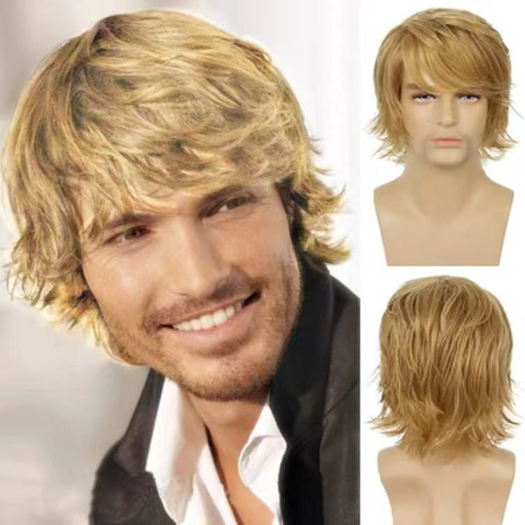 A217  Men's Short Curly Wig with Side Bangs, Multi-Color Rose Net Wig