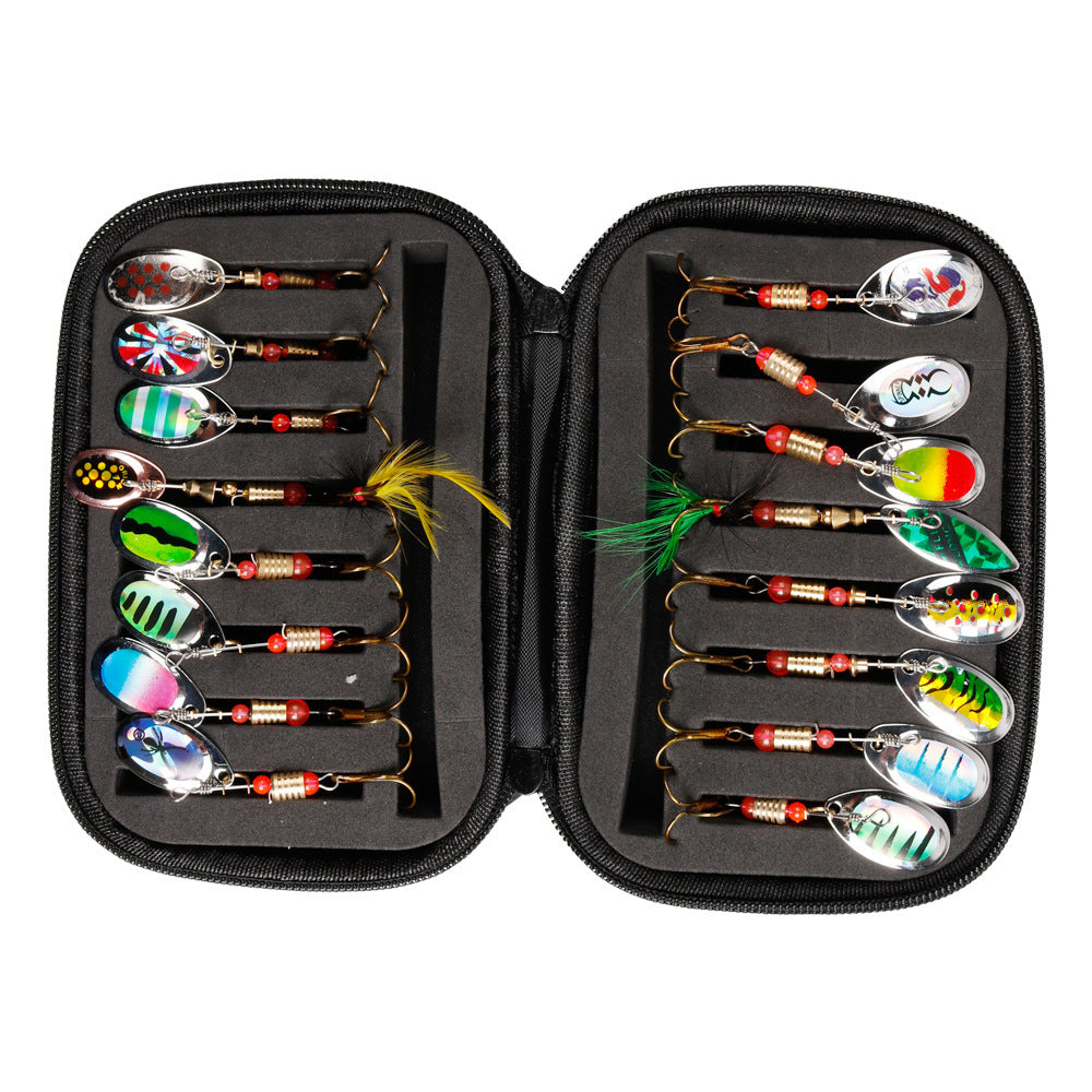 A283  Rotating Composite Spinner Lure Kit 16pcs with Treble Hooks, Including Fishing Bag & Lure Bag