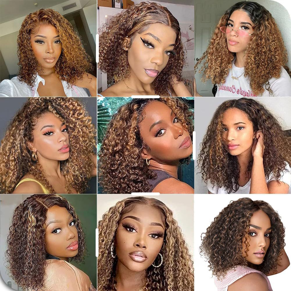 Brown Highlight Short Kinky Curly Synthetic Wig, Fluffy African Coily Wig for Black Women Daily Wear