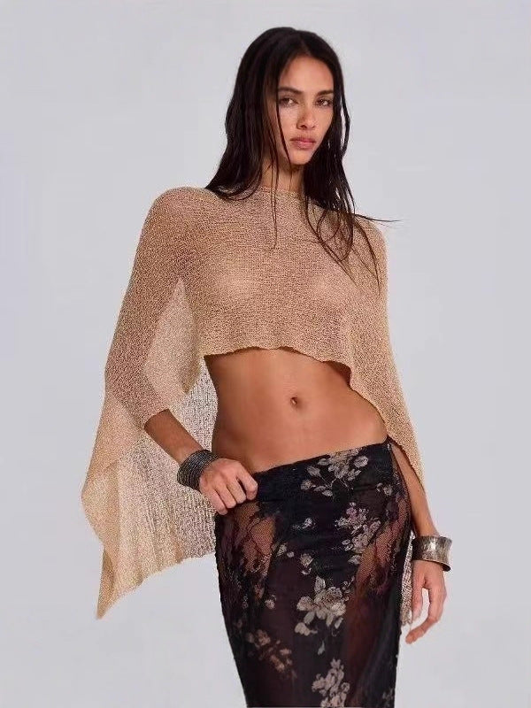 Women Hollow Out Sheer Knit Poncho Top, Multi Ways Wear Cropped Cover Up, Boho Beach Wrap Shawl, Vacation See Through Knit Blouse for Swimwear Cover Up