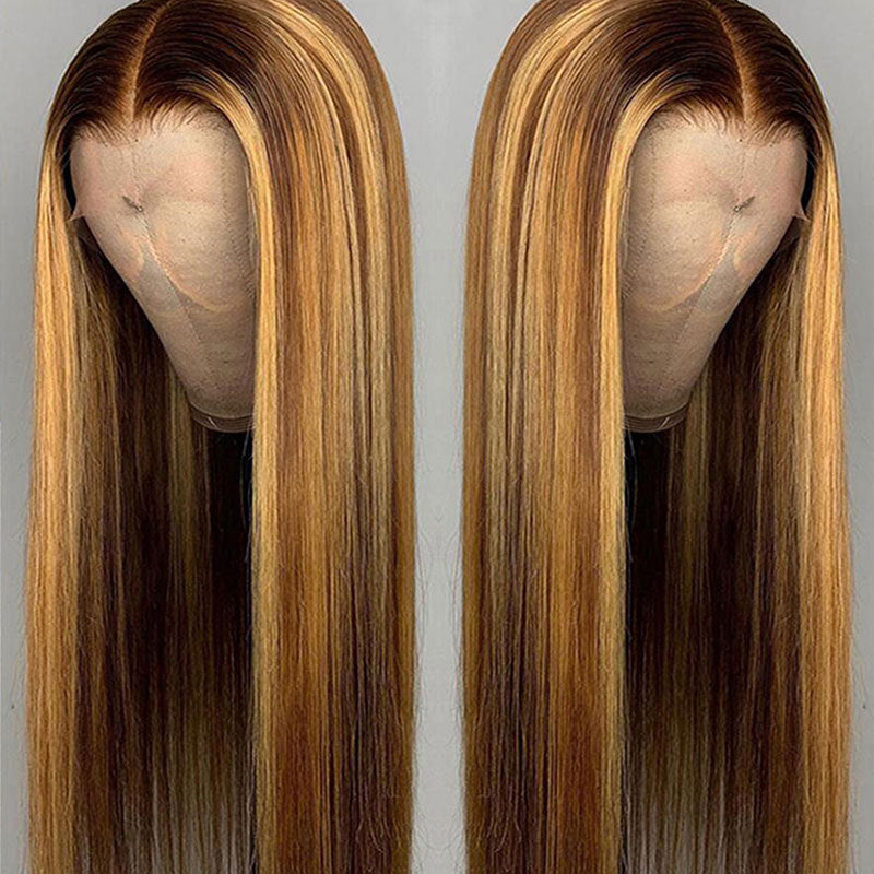 A 214  Brown Blonde Ombre Long Straight Hair with Bangs, Rose Net Heat Resistant Natural Wig for Women