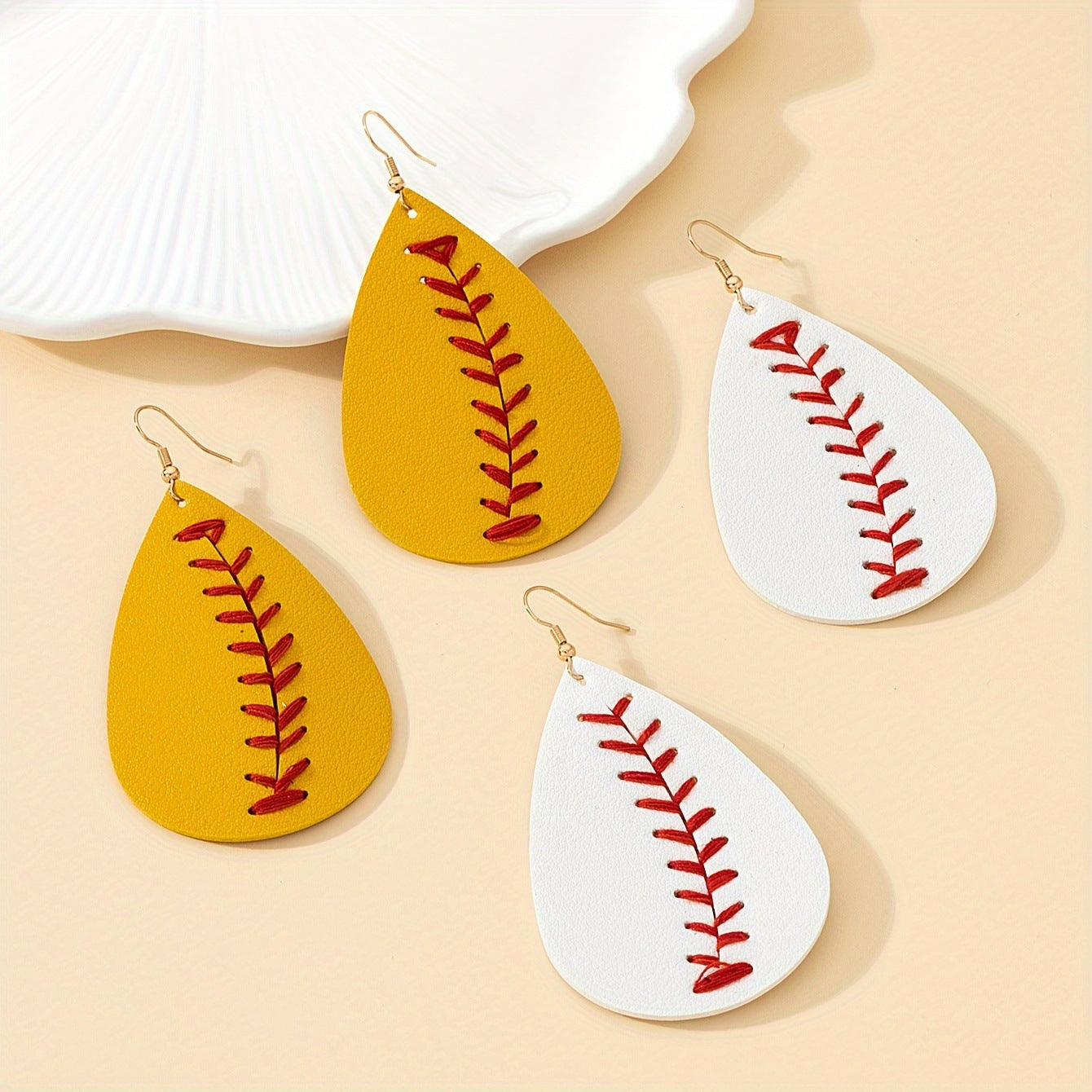 1 pair of handmade stitched leather baseball earrings with baseball pattern jewelry
