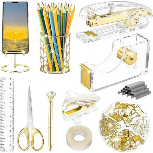 Rose Gold and Gold-Plated Office Desk Accessory Set, including an acrylic stapler set, staple remover, tape dispenser, 2 ballpoint pens, scissors, file folder, paper clips, staples, and storage box.