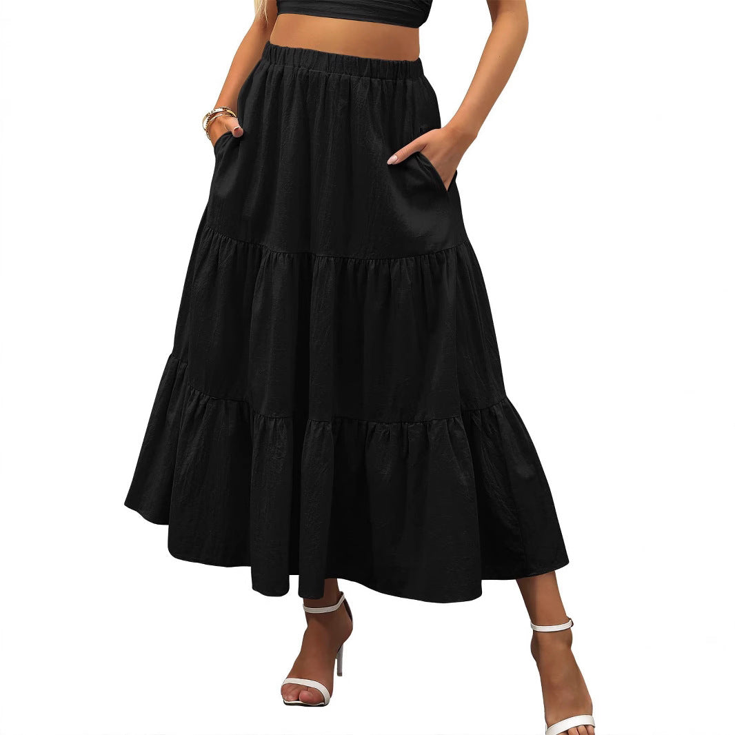 A367  Women's Summer Bohemian Pleated A-Line Flowy Layered Skirt with Pockets