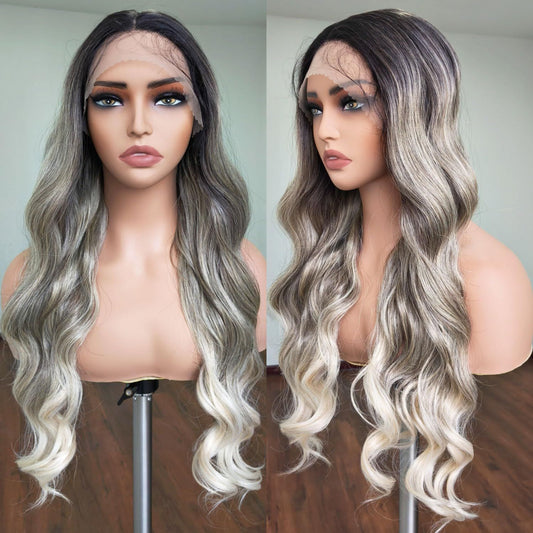 A224  New 13x4 Lace Front Body Wave Wig, Smoky Grey Ombre Natural Realistic Wig for Women