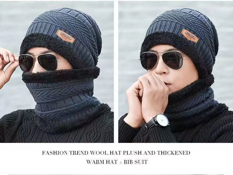 A290  Winter Hat Set with Ear Flaps and Fleece Lining Thickened Knit Hat and Scarf Two-Piece Set Autumn/Winter Wool Hat