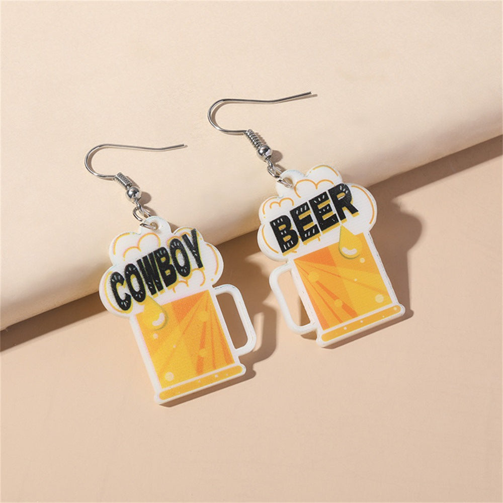Western Cowboy Beer Mug Earrings, Eco-Friendly Acrylic New Personality Earrings