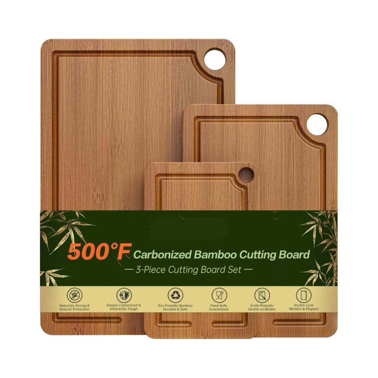 Bamboo Cutting Board for Kitchen, 3-Piece Set with Juice Grooves, Side Handles & Non-Slip Mats – Durable Bamboo Chopping Board for Meat, Vegetables and Fruits