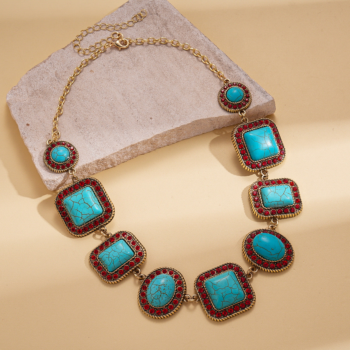 A193  Luxury High-Grade Ethnic Stone Rhinestone Necklace, Geometric Splicing Boho Vintage Sweater Chain