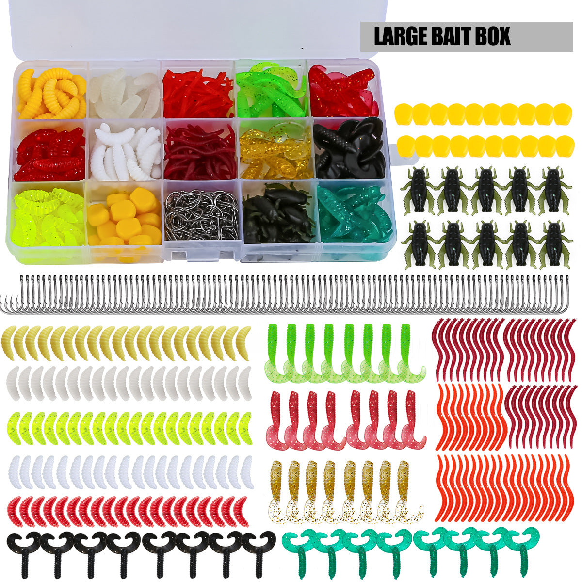 F350  330Pcs Fishing Lure Accessories Kit Complete Soft Lure Set with 15 Grid Box Iseini Hooks