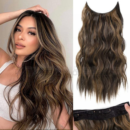 A237  Ombre Body Wave Long Curly Fish Line Hair Extensions, One-Piece Natural Invisible Adjustable Hairpiece