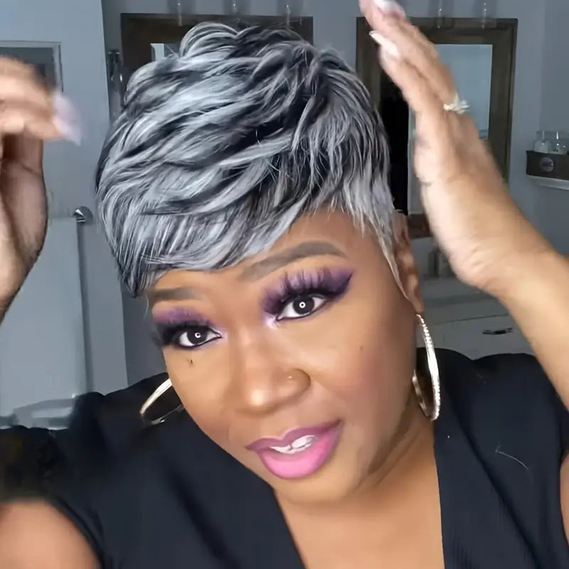A274  Fashion Gray Wig with Side Bangs, Short Curly Style, Breathable Comfort Synthetic Wig