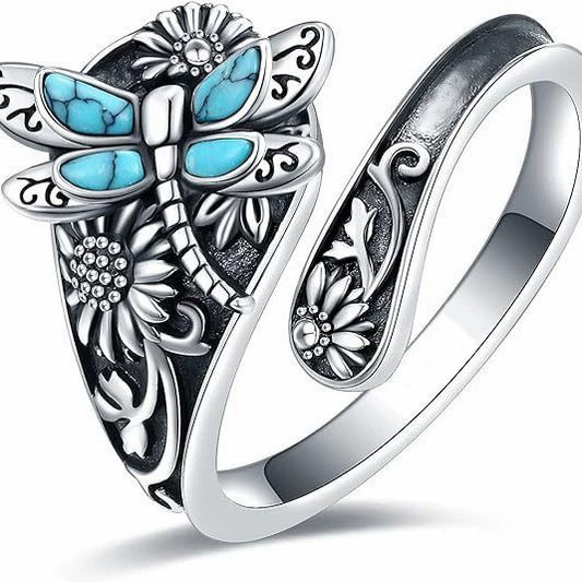 A359  New Bohemian Turquoise Dragonfly Sunflower Ring Vintage Western Style Adjustable Wrap Band Women Gift Jewelry